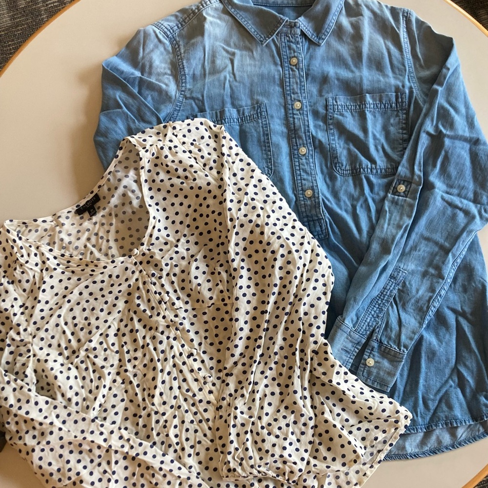 Talbots Petite Women’s Blue Denim Shirt and Polka Dot Blouse Bundle